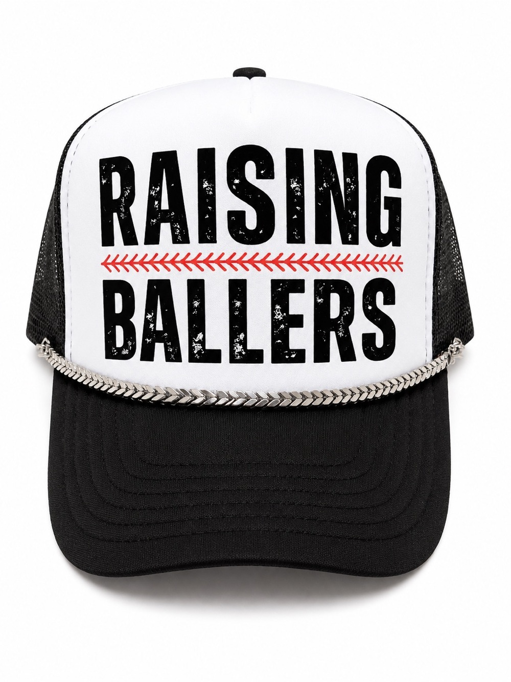 Raising Ballers Trucker Hat Baseball Mom Cap Black White Chain Snapback NWOT